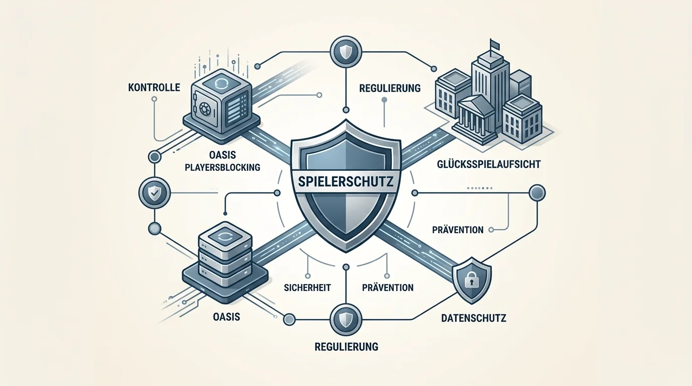 Schematische Darstellung des deutschen Glücksspiel-Regulierungsrahmens mit zentraler Sperrdatei und Aufsichtsbehörden